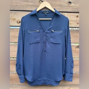 Express Women's Navy Semi Sheer Zipper & Button-Accent Roll Tab Popover Blouse